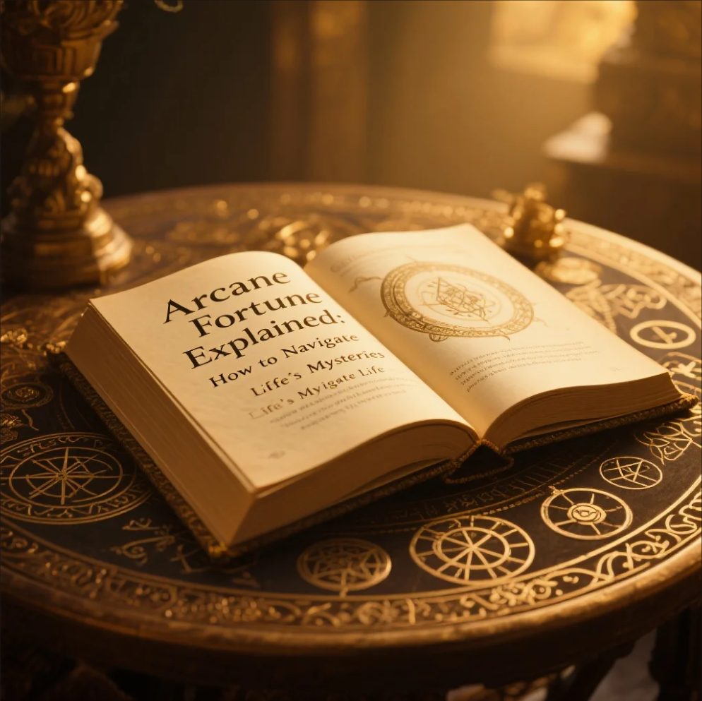 Mystical symbols and tarot-style cards representing Arcane Fortune guidance