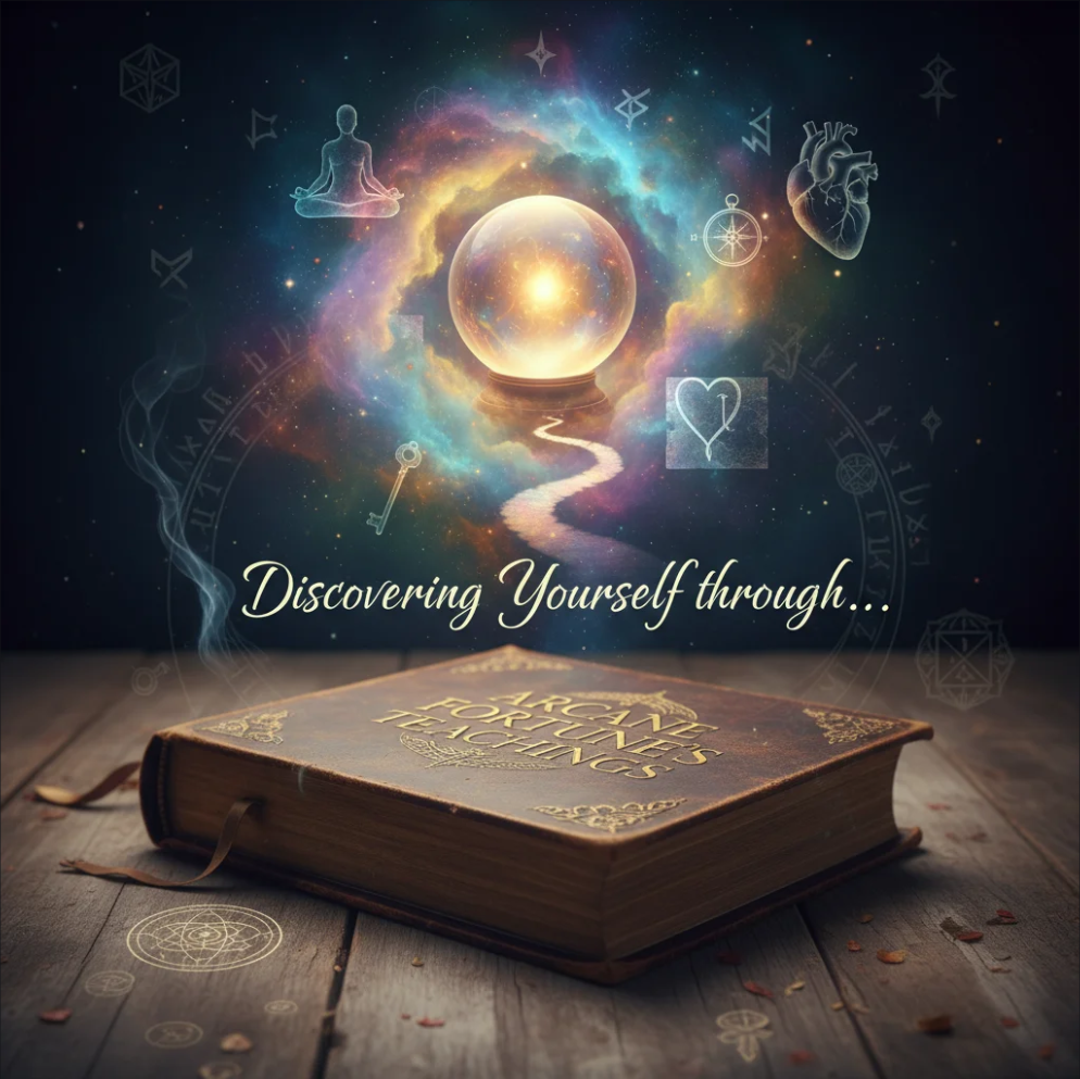 A person meditating surrounded by mystical symbols representing self-discovery and Arcane Fortune teachings