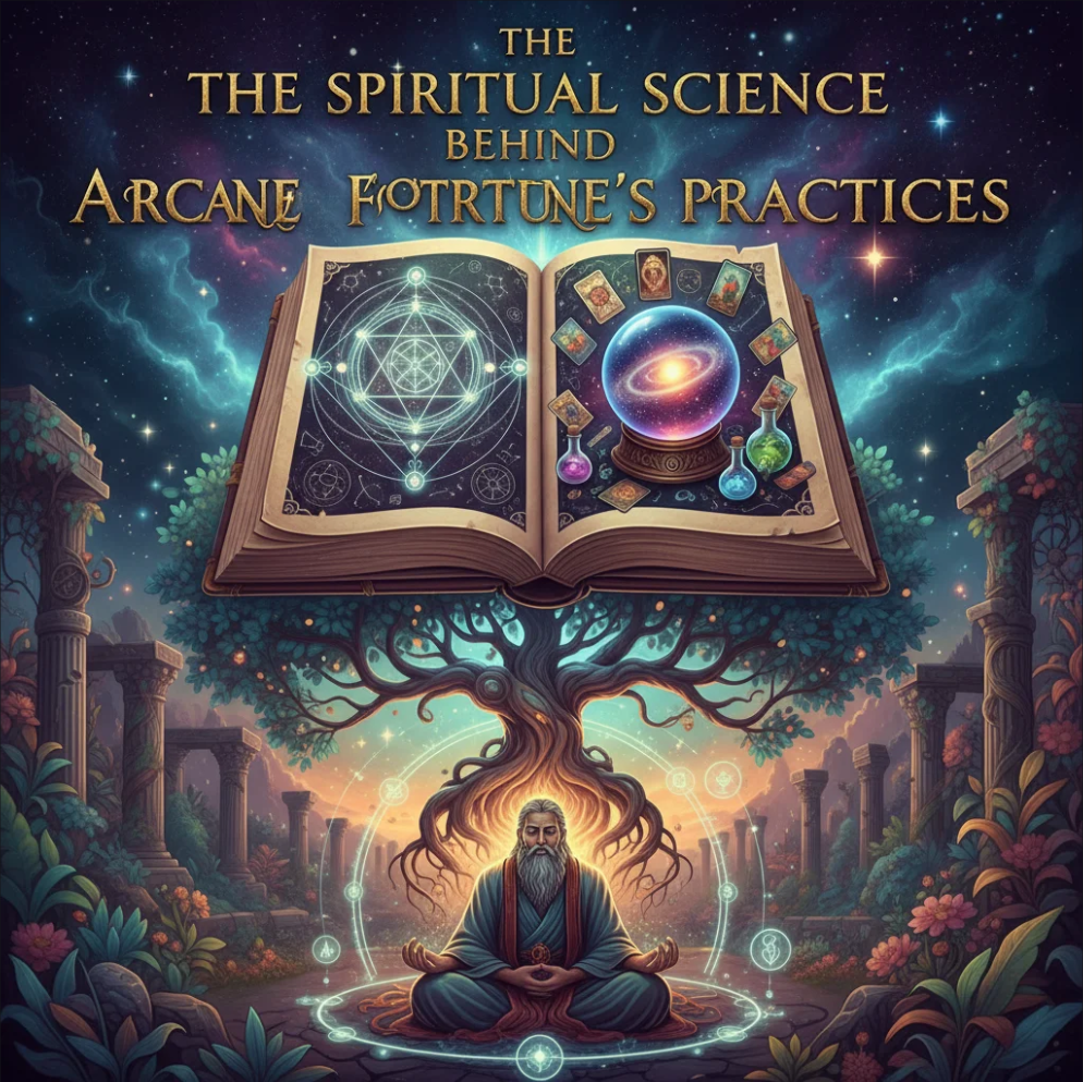 Meditation and symbolic elements representing Arcane Fortune practices