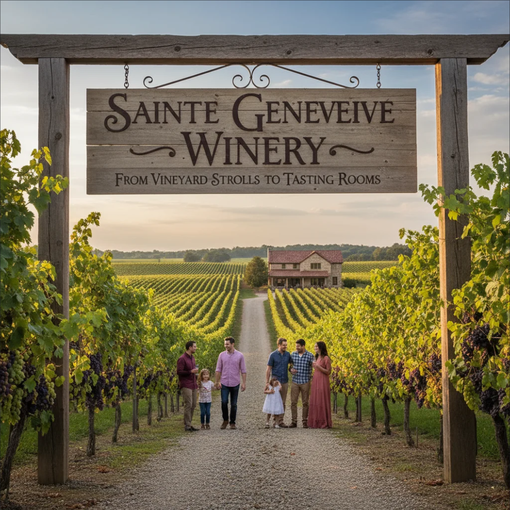 Scenic vineyard with visitors tasting wines at Sainte Genevieve Winery