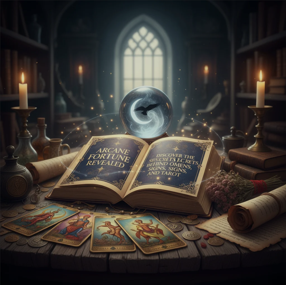 Mystical tarot cards, symbols, and divination tools arranged on a table, representing arcane fortune and mystical guidance.