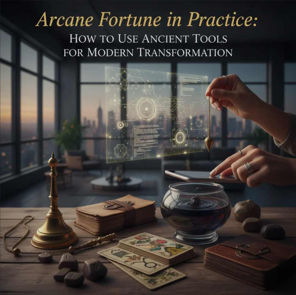 Tarot cards and crystals arranged on a table, representing Arcane Fortune’s ancient tools for modern transformation