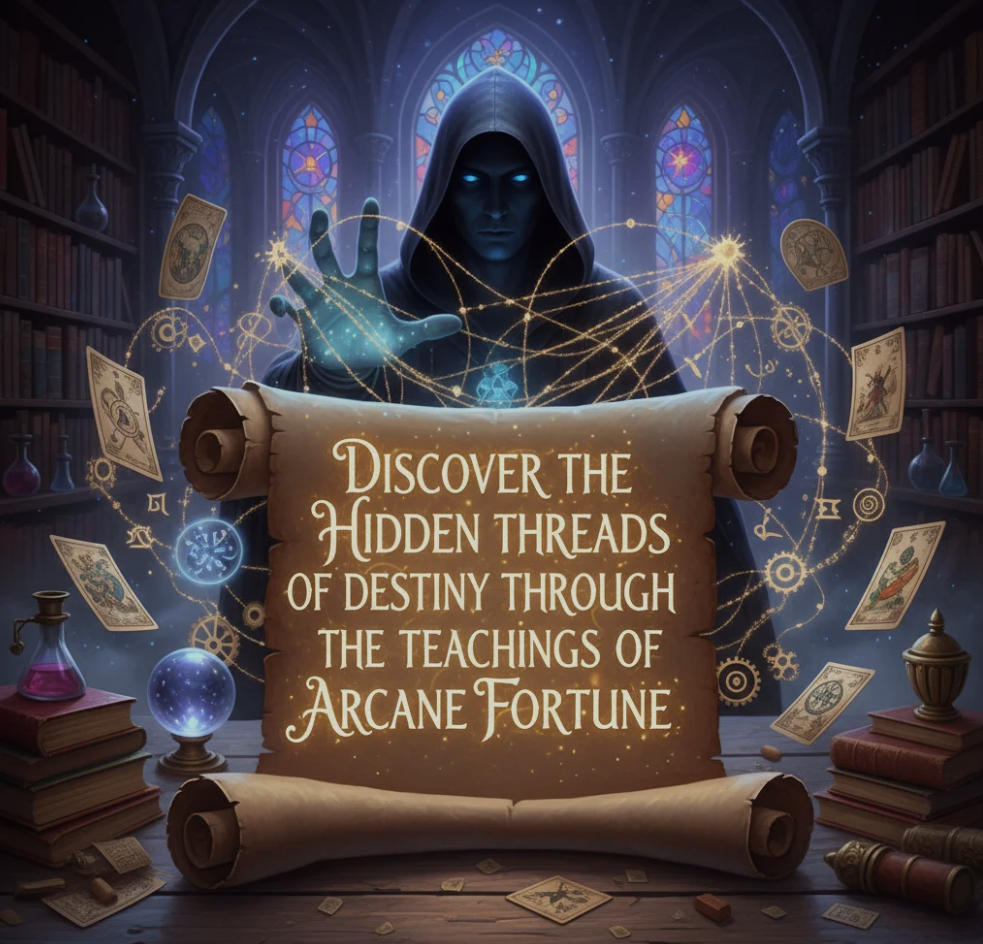 Mystic symbols and tarot cards representing the hidden threads of destiny in Arcane Fortune teachings