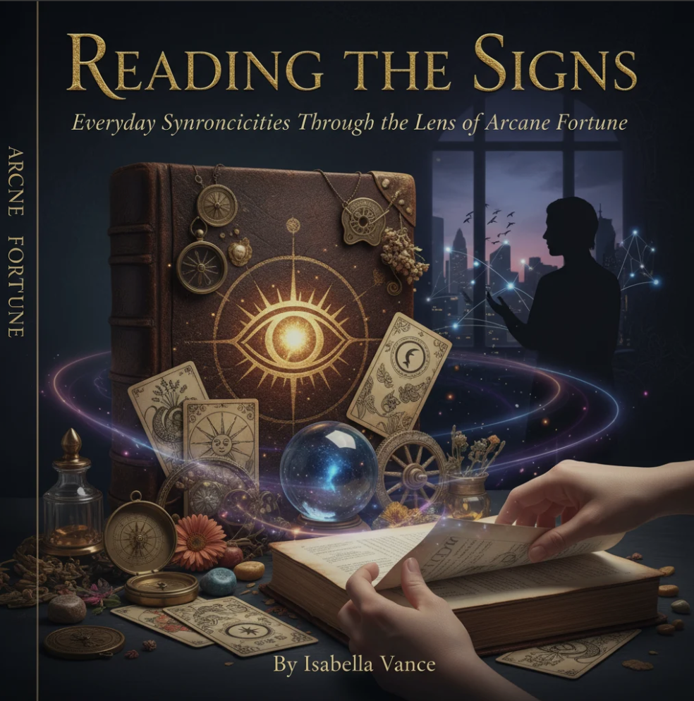 Mystic symbols and tarot cards representing synchronicities with Arcane Fortune
