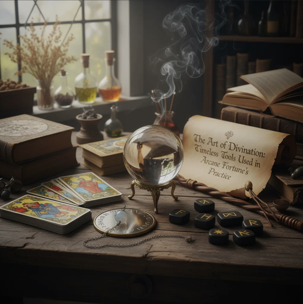 Tarot cards, runes, and a crystal ball used in Arcane Fortune’s divination practice.