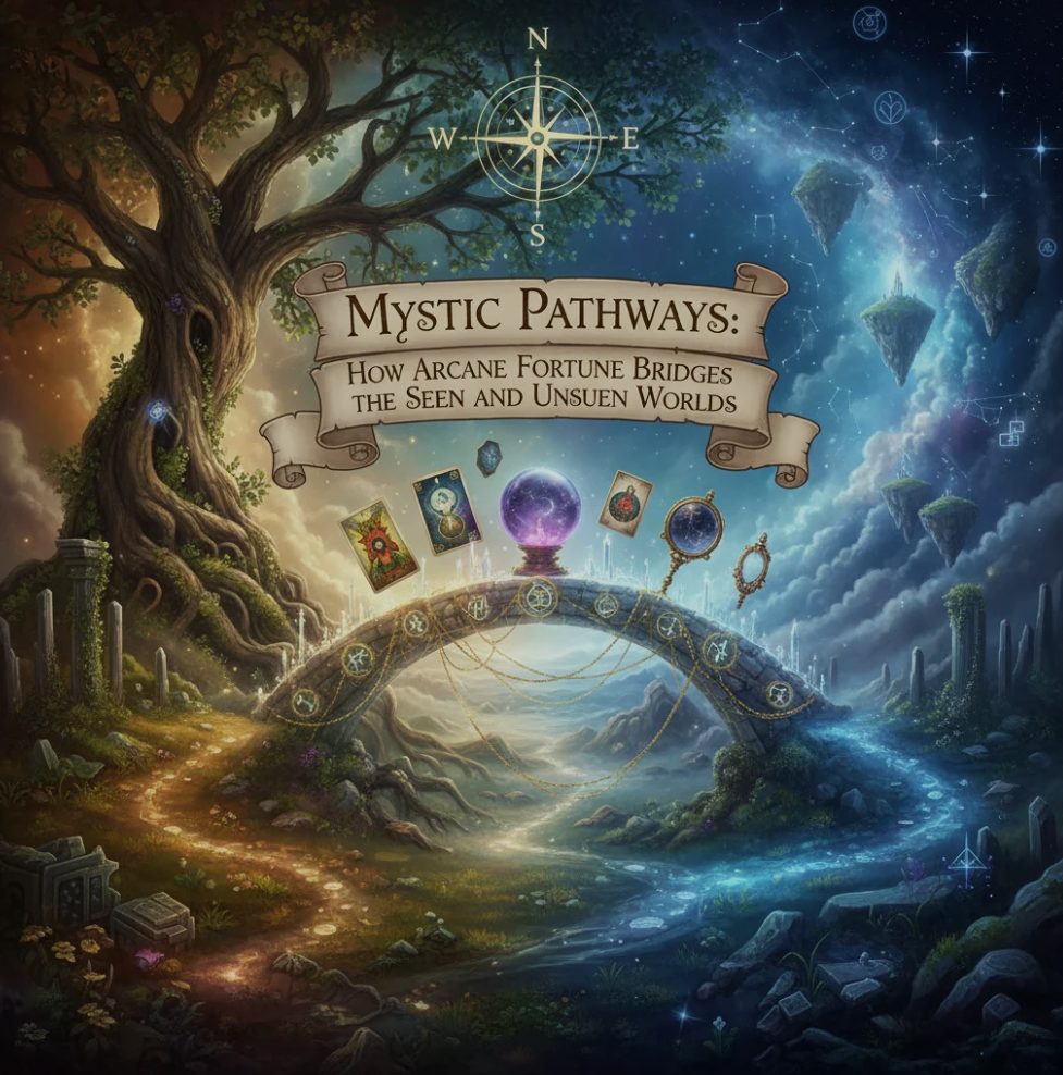 Mystical symbols and tarot cards representing the bridge between seen and unseen worlds