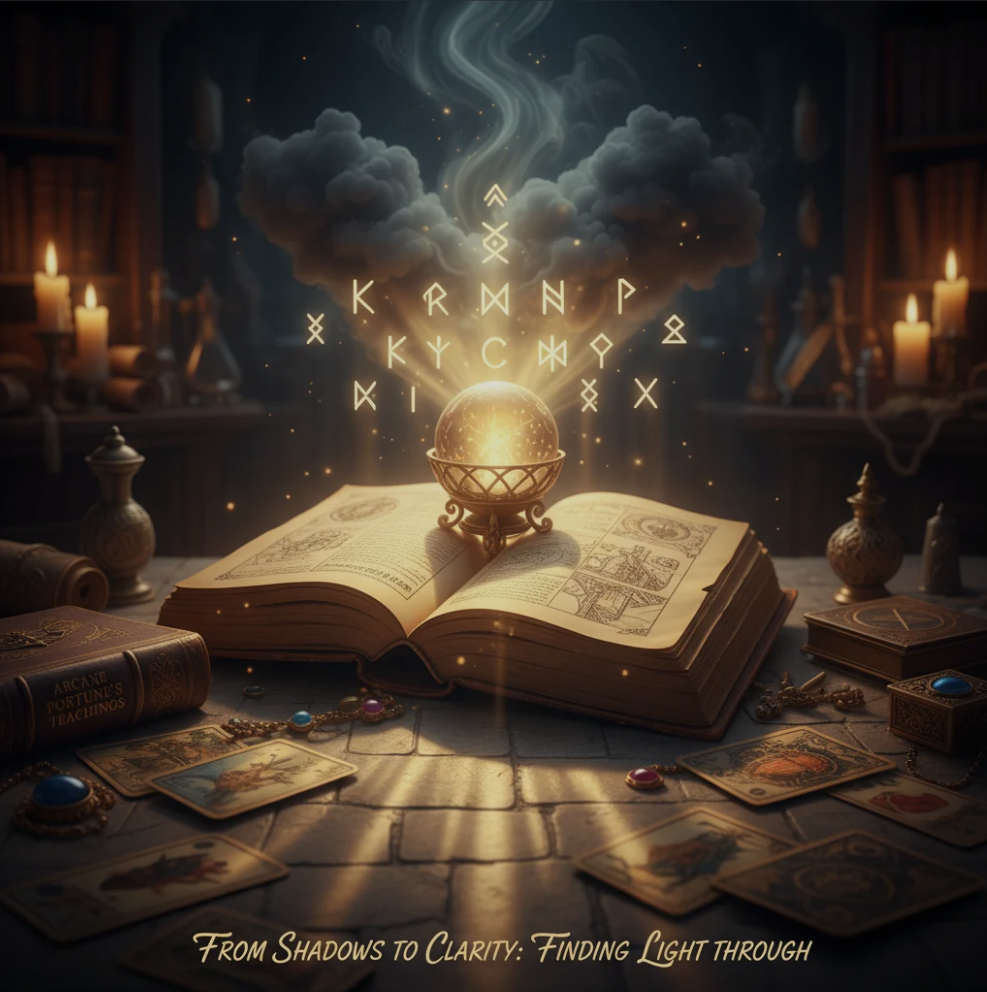 Person stepping from darkness into light symbolizing spiritual clarity through Arcane Fortune’s teachings