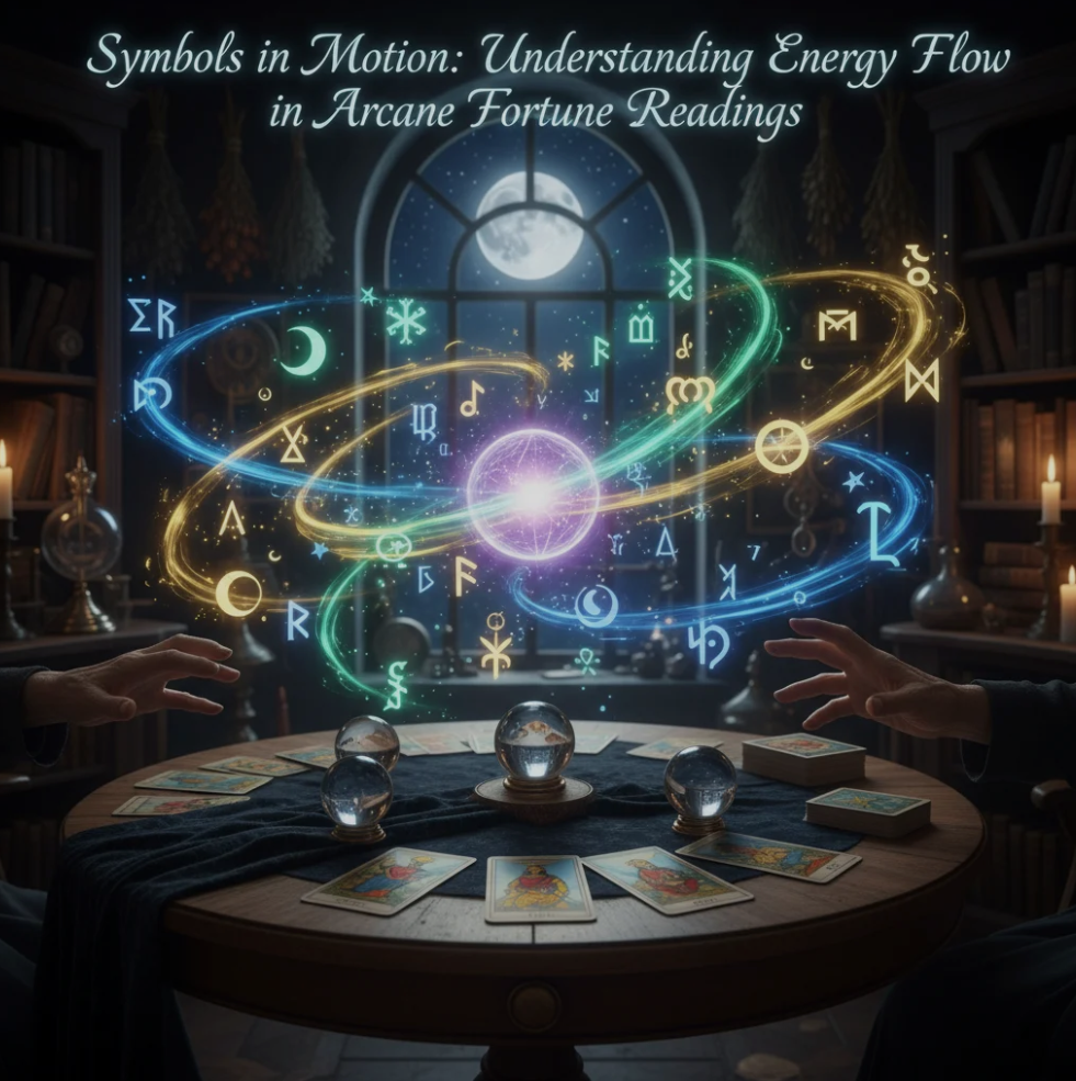 Tarot cards spread with mystical symbols glowing, representing energy flow in a reading
