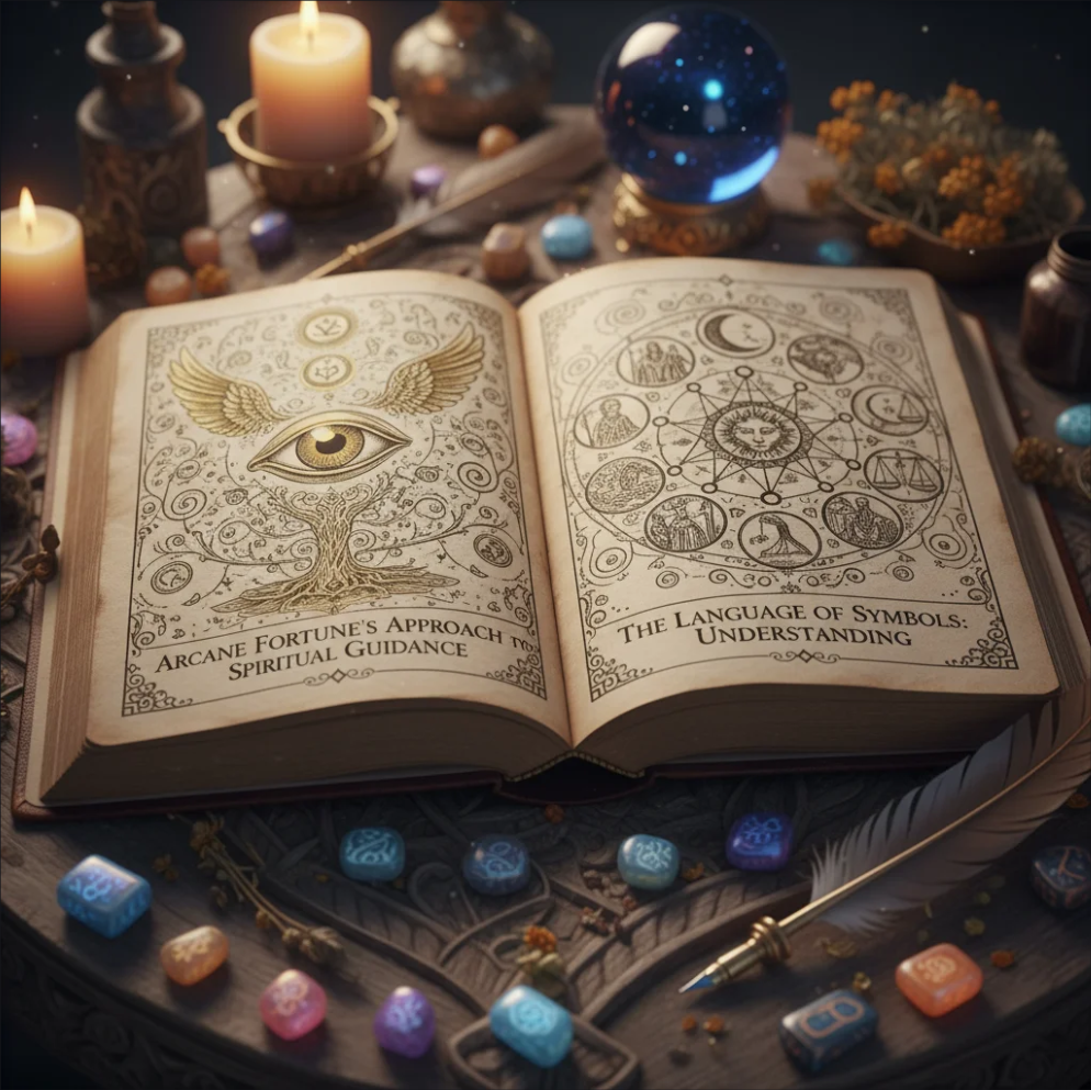 Person meditating surrounded by spiritual symbols, reflecting Arcane Fortune’s guidance