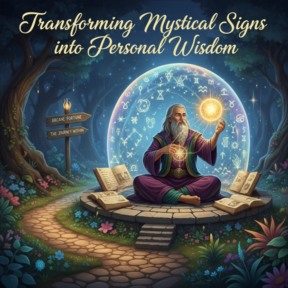 Person meditating with tarot cards and mystical symbols