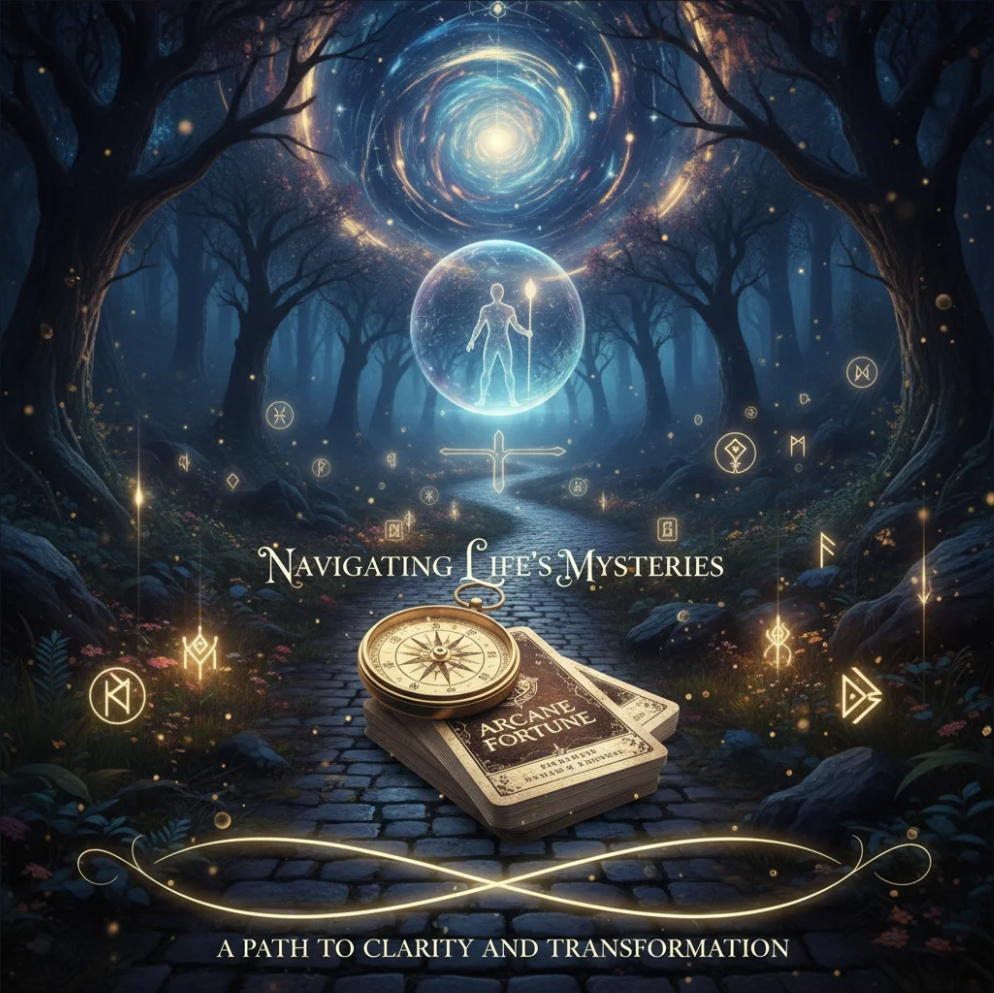 Oracle cards and astrology chart used in Arcane Fortune spiritual guidance