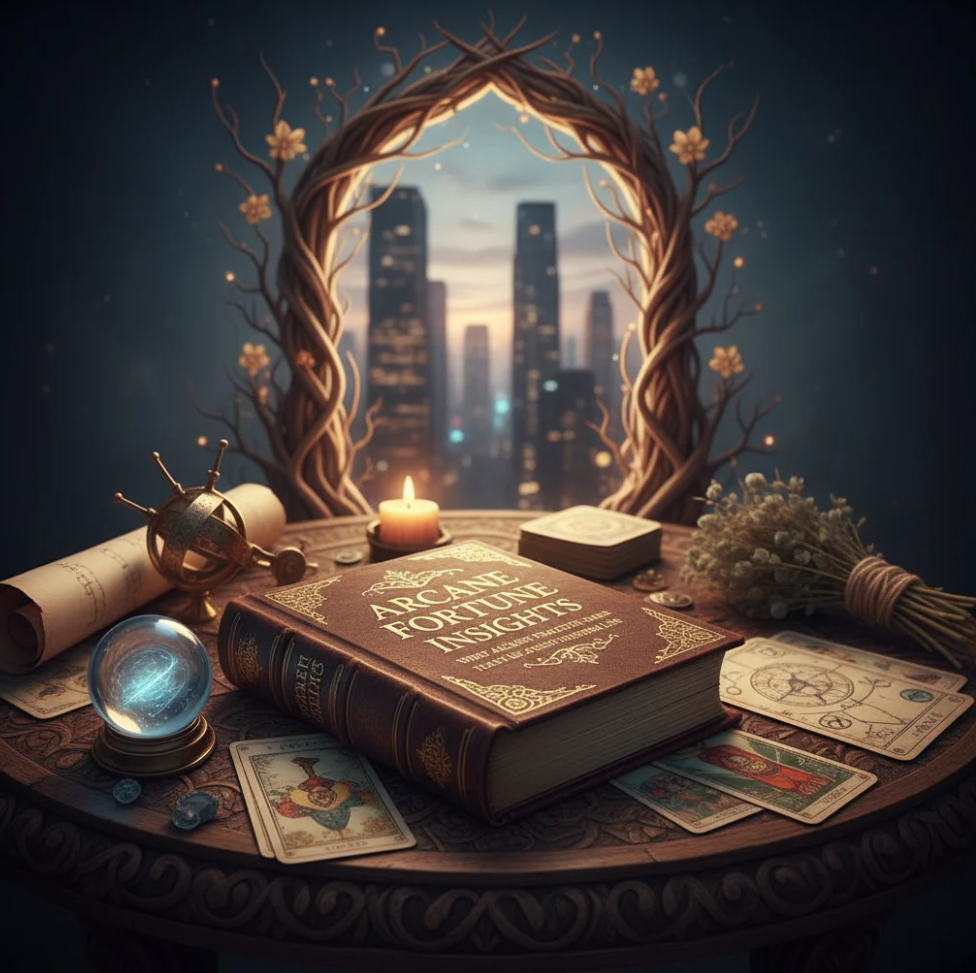 Hands holding a tarot card with candles and crystals in the background