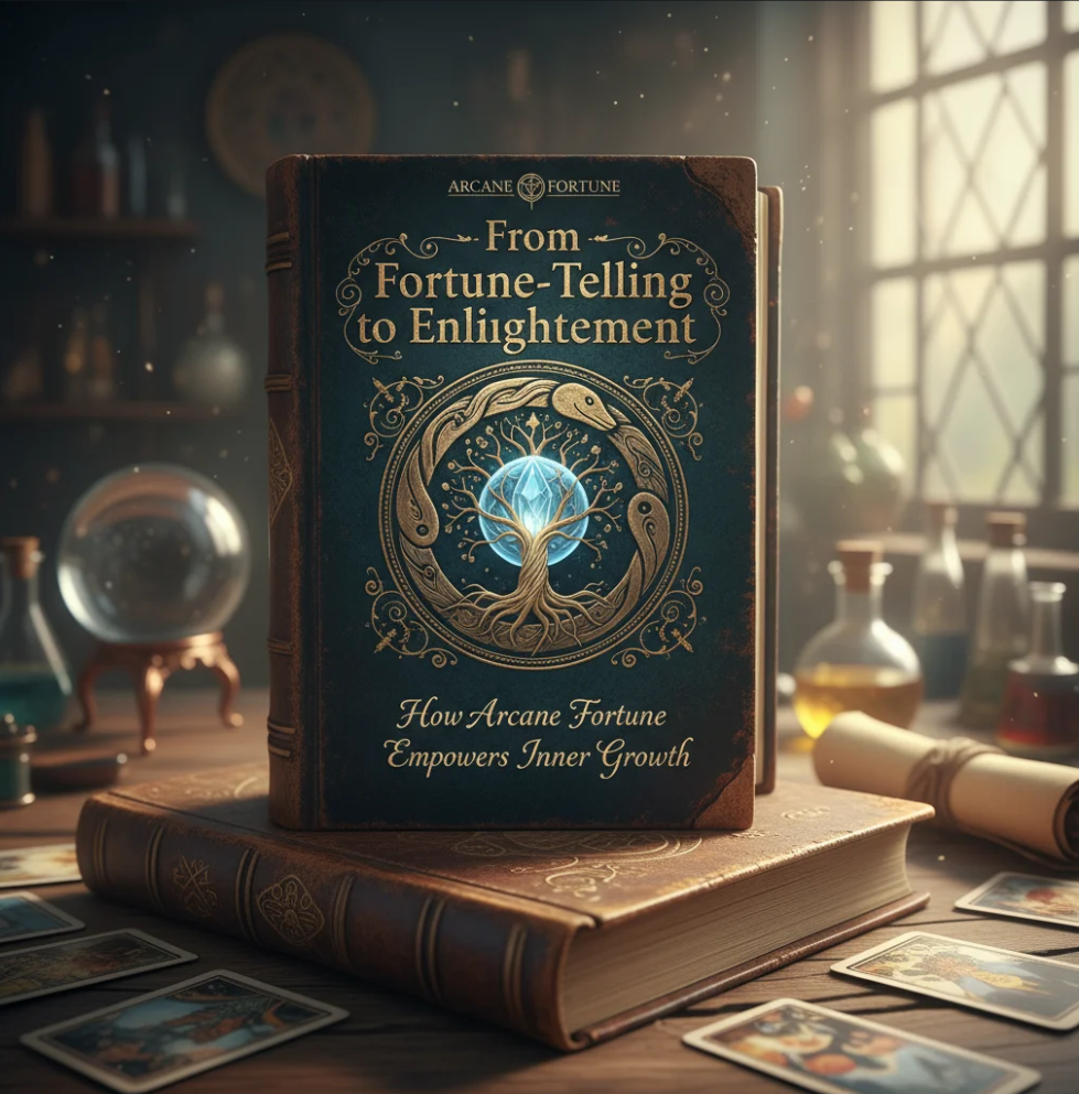 Tarot cards and mystical symbols representing the empowering journey of inner growth with Arcane Fortune.
