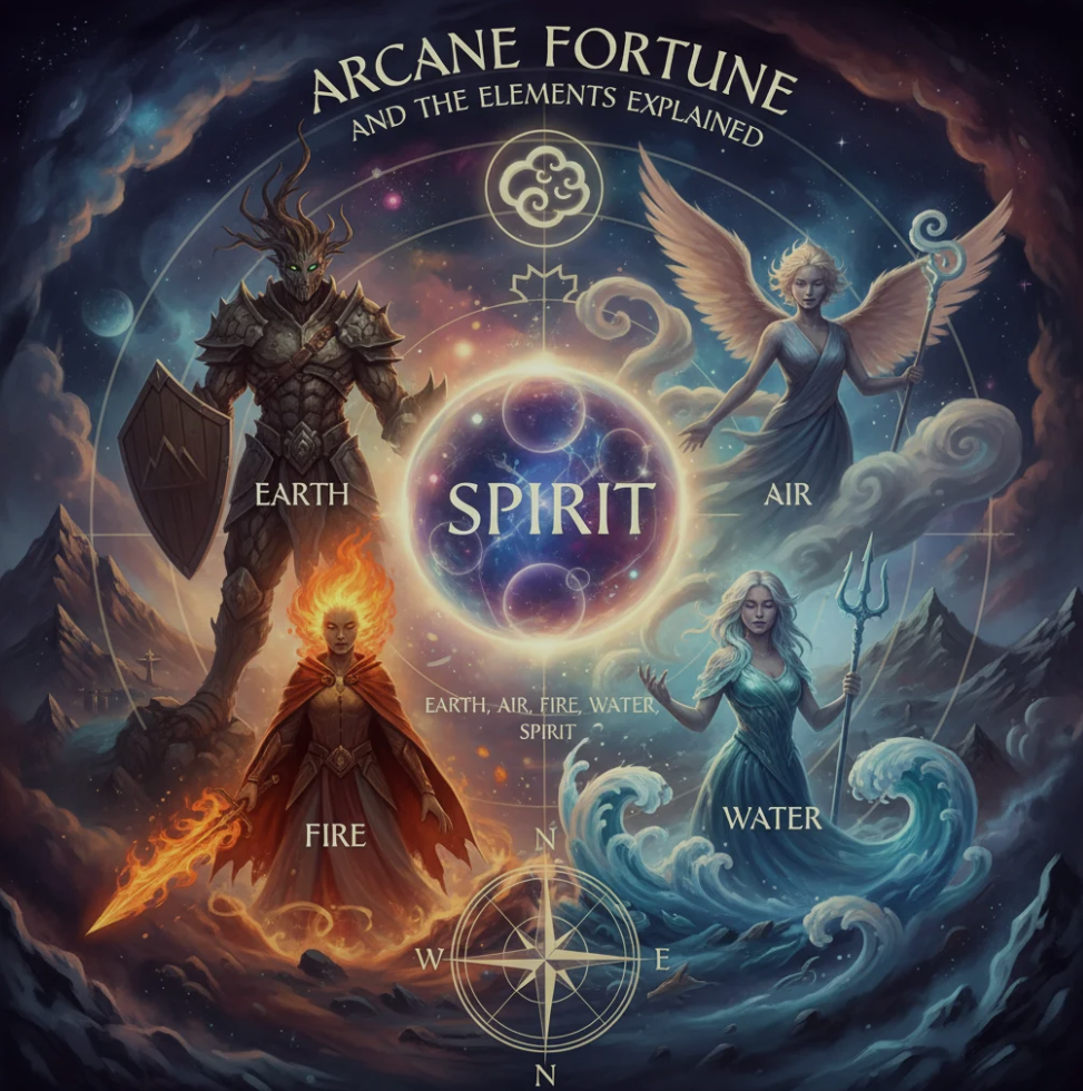 Illustration of the five elements—Earth, Air, Fire, Water, and Spirit—surrounding the Arcane Fortune symbol