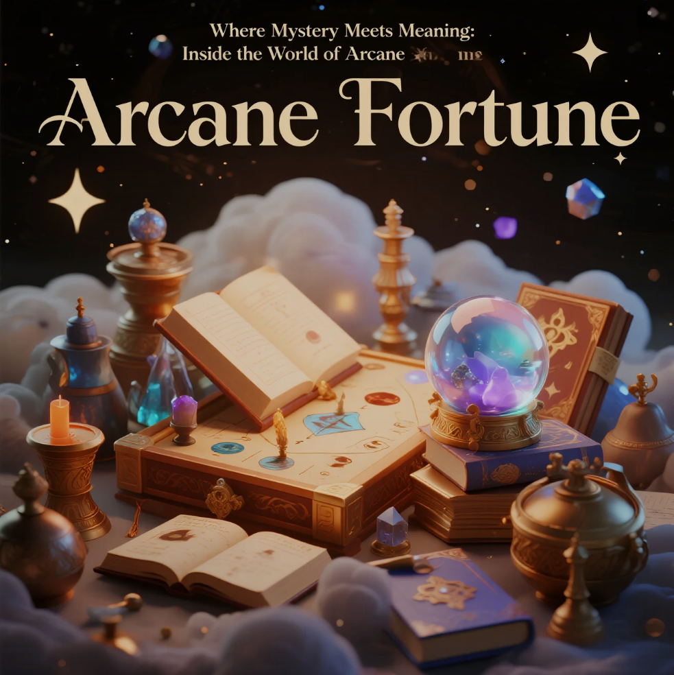Arcane Fortune symbols and mystical tools on a wooden table