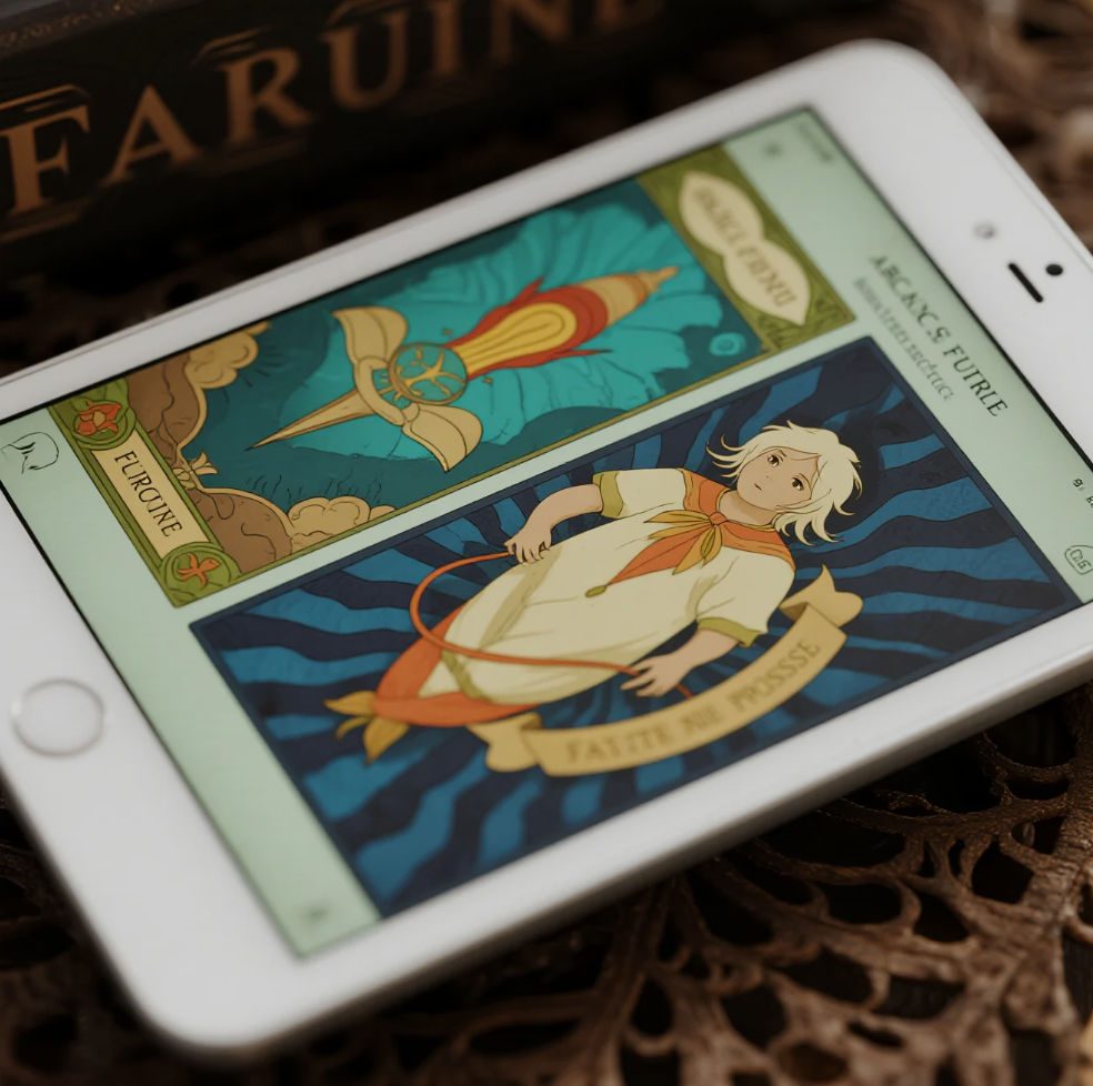 Arcane Fortune cards laid out on a mystical table, symbolizing fate and synchronicity