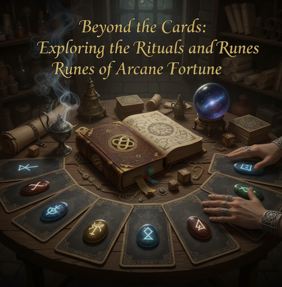 Arcane Fortune cards surrounded by mystical runes and ceremonial items