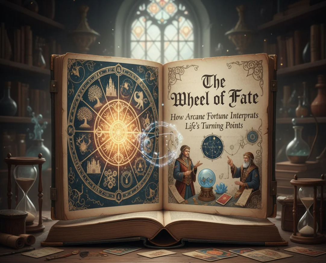 A mystical wheel of fate with symbols representing life events and fortune, glowing under magical light