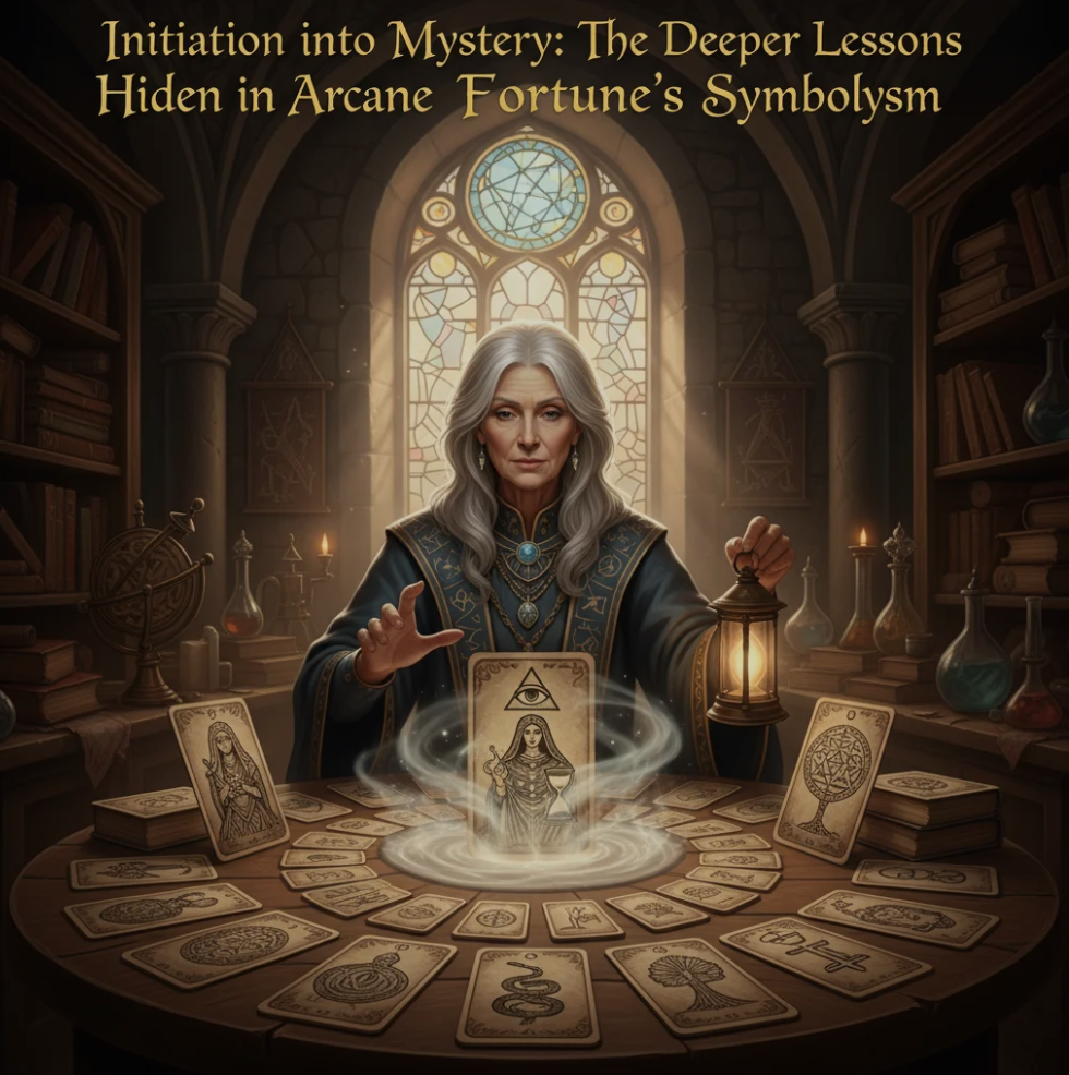 Mysterious tarot-style symbols glowing on a dark, mystical background representing Arcane Fortune