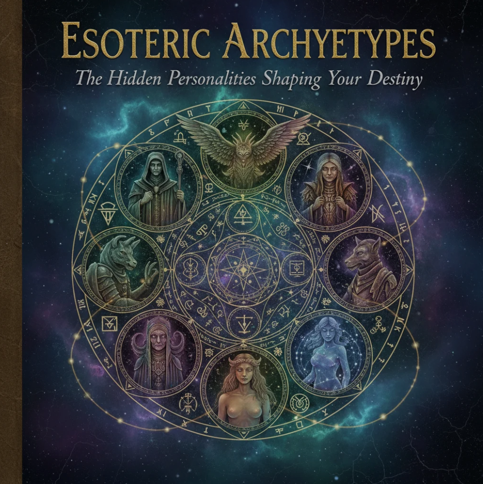 “Mystical illustration of archetypal symbols like the magician, warrior, and sage surrounded by cosmic energy, representing hidden personalities.”