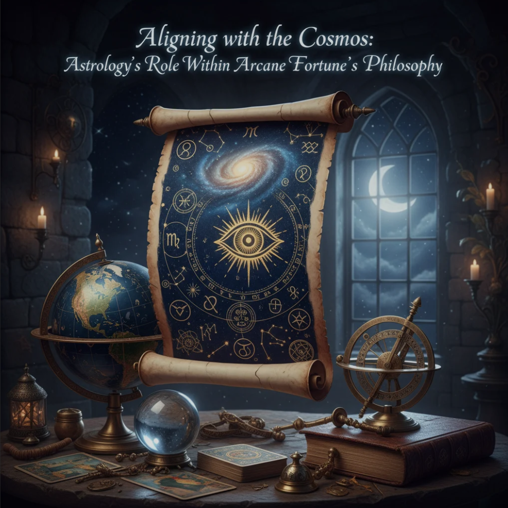 Mystical celestial chart with zodiac signs, planetary symbols, and tarot-inspired motifs representing astrology and Arcane Fortune’s philosophy