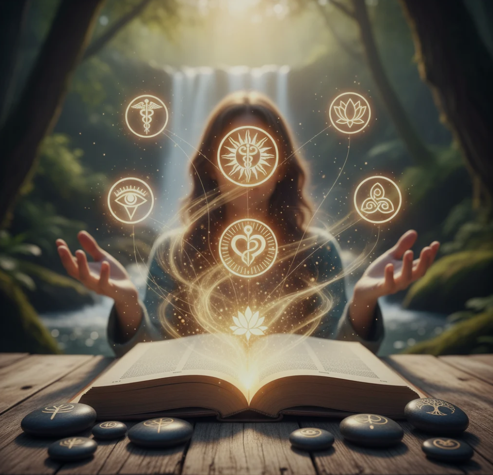 Mystical cards, symbols, and glowing energy representing Arcane Fortune’s transformative and healing symbolism