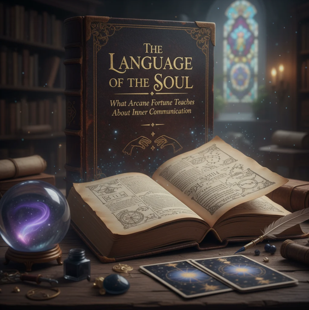 A mystical tarot-style illustration with glowing symbols, representing insight and inner communication