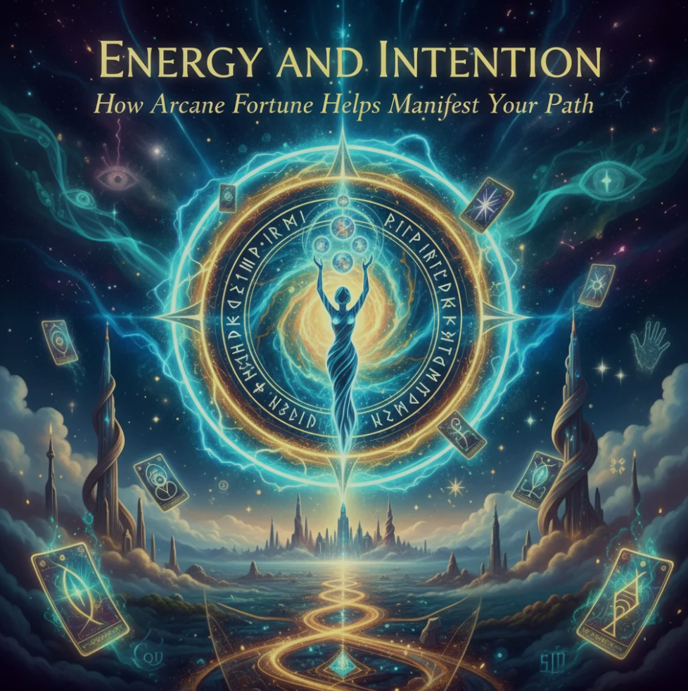 A mystical tarot card layout glowing on a table, representing guidance and manifestation.