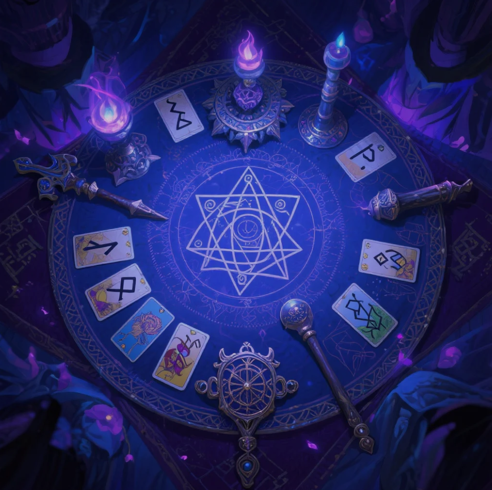Set of runes, ritual candles, and esoteric divination tools used in Arcane Fortune practices