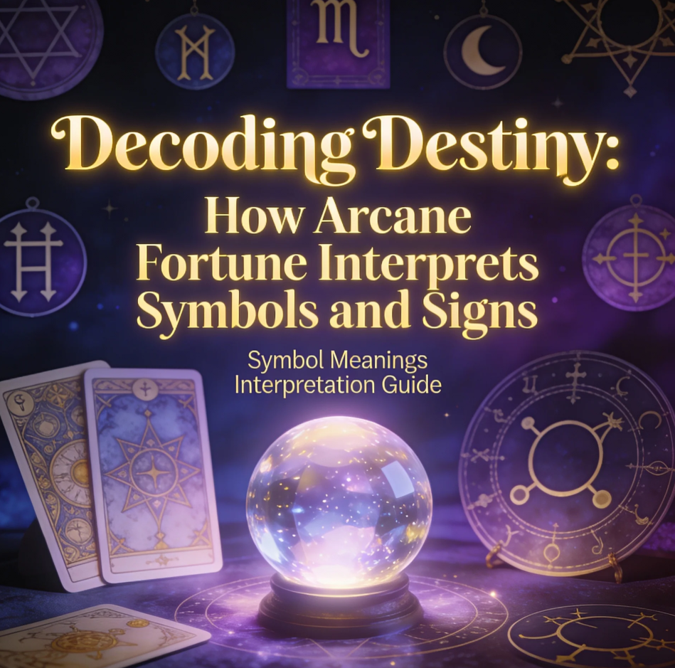 Mystical tarot cards, runes, and symbolic imagery representing interpretation of destiny in Arcane Fortune