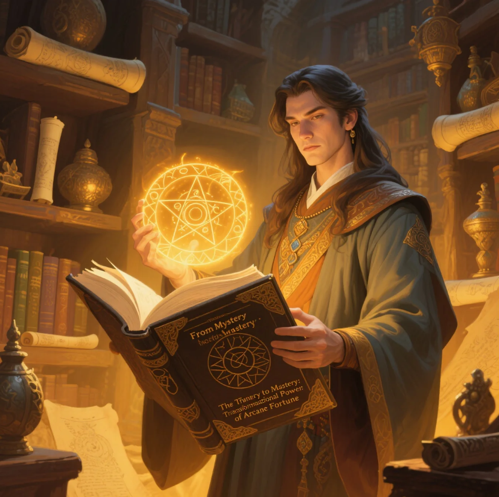 Symbolic mystical elements representing transformation, intuition, and the journey from mystery to mastery