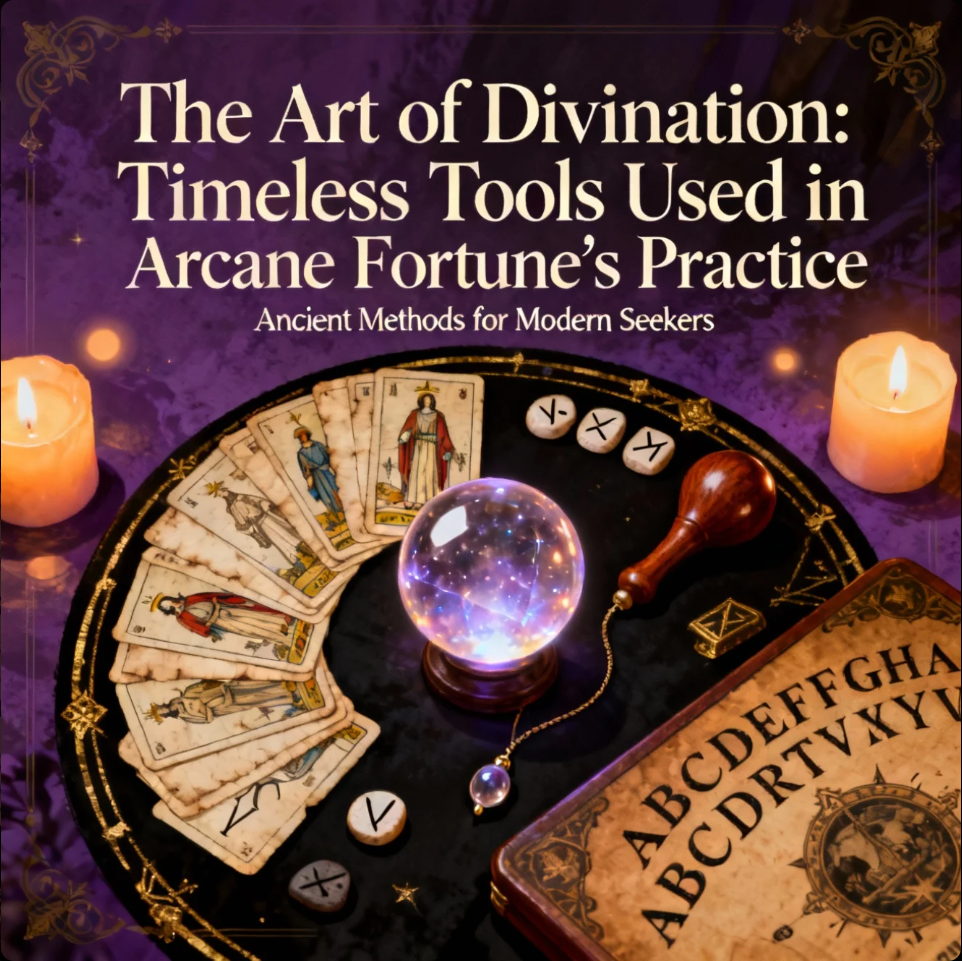 Tarot cards, crystal ball, and runes arranged on a mystical table representing divination tools